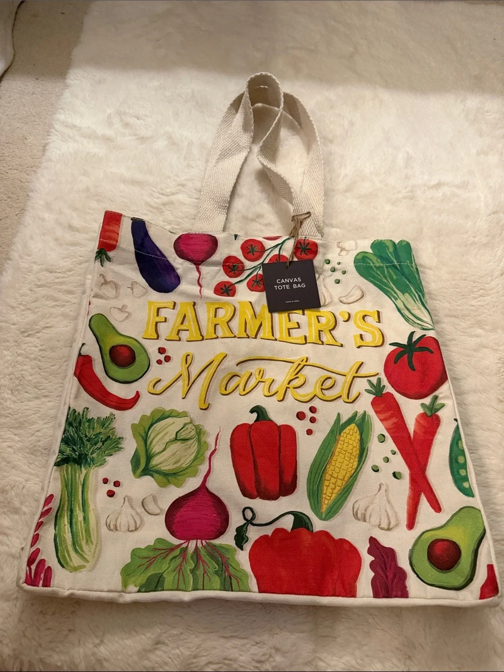 NWT, Farmer's Market Canvas Tote Bag with Colorful Veggie Print